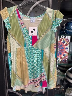 Cozy Casual Patchwork V-Neck Flutter Sleeve Tunic - Green/Teal/Pink